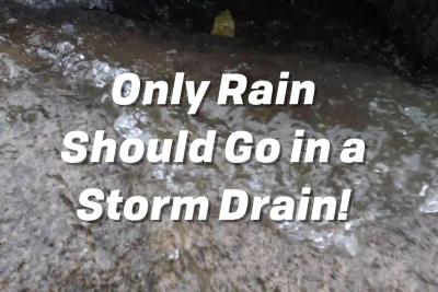 Stormwater running into a street drain with the text Only Rain Should Go in Storm Drains!