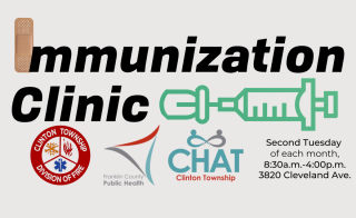 Logo with text Immunization Clinic, second Tuesday of each month, 3820 Cleveland Ave. Other graphics include a syringe & bandage