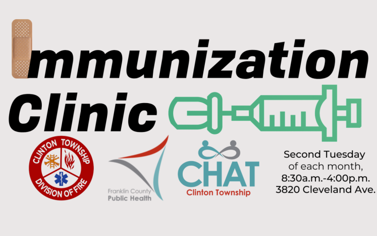 Logo with text Immunization Clinic, second Tuesday of each month, 3820 Cleveland Ave. Other graphics include a syringe & bandage